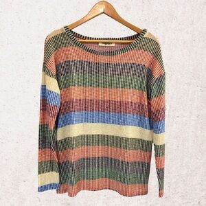 Orange and Green Crew Neck Striped Sweater